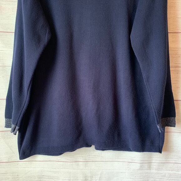 Vintage Karen Lessly Navy Cardigan Silver Metallic Thread and Rose Buttons Large - Picture 8 of 13